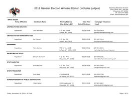 General Election Winners Roster Wyoming Elections Division (Includes Judges) 2020 Carey Ave., Ste 600 Cheyenne, WY 82002 Ph