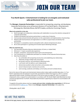 True North Sports + Entertainment Is Looking for an Energetic and Motivated Sales Professional to Join Our Team