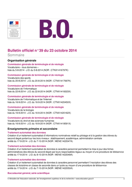 Bulletin Officiel N°39 Du 23 Octobre 2014 Sommaire