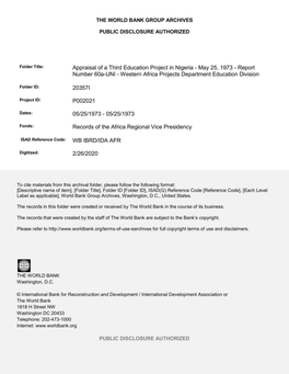 Appraisal of a Third Education Project in Nigeria - May 25, 1973 - Report Number 60A-UNI - Western Africa Projects Department Education Division