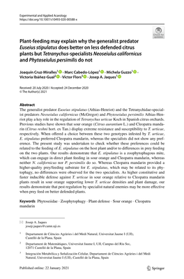 Plant-Feeding May Explain Why the Generalist Predator Euseius Stipulatus Does Better on Less Defended Citrus Plants but Tetranyc