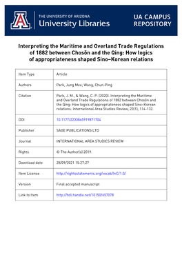 Interpreting the Maritime and Overland Trade Regulations of 1882 Between Chosŏn and the Qing: How Logics of Appropriateness Shaped Sino–Korean Relations