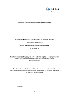 Religious Nationalism in the Kurdistan Region of Iraq Submitted by Mohammad Salih Mustafa to the University of Exeter As a Thes
