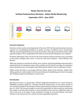 Serbian Parliamentary Elections - Online Media Monitoring September 2019 – June 2020