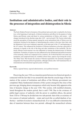 Institutions and Administrative Bodies, and Their Role in the Processes of Integration and Disintegration in Silesia