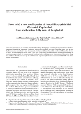 Garra Mini, a New Small Species of Rheophilic Cyprinid Fish (Teleostei: Cyprinidae) from Southeastern Hilly Areas of Bangladesh