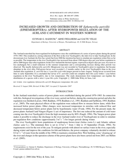 INCREASED GROWTH and DISTRIBUTION of Ephemerella Aurivillii (EPHEMEROPTERA) AFTER HYDROPOWER REGULATION of the AURLAND CATCHMENT in WESTERN NORWAY