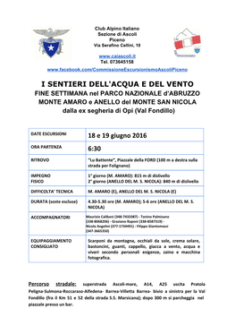 I SENTIERI DELL'acqua E DEL VENTO 18 E 19 Giugno 2016 6:30