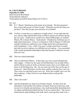 R. J. HUTCHINSON September 8, 2004 Interviewed by Ron Brand Transcribed by Unknown Transcription Revised by Paula Helten (12/13/2011)