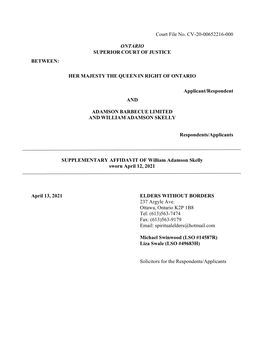 SUPPLEMENTARY AFFIDAVIT of William Adamson Skelly Sworn April 12, 2021