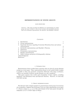 REPRESENTATIONS of FINITE GROUPS Contents 1. Introduction 1