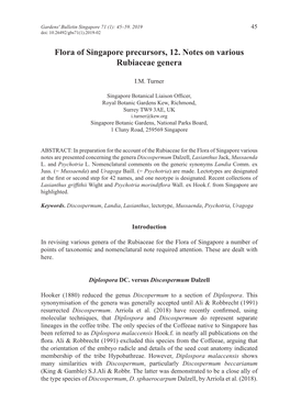 Flora of Singapore Precursors, 12. Notes on Various Rubiaceae Genera
