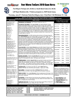 Fort Wayne Tincaps 2019 Game Notes