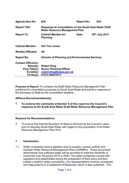 Response to Consultation on the South East Water Draft Water Resource Management Plan Report To: Cabinet Member for Date: 25Th July 2013 Planning