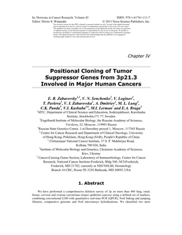 Positional Cloning of Tumor Suppressor Genes from 3P21.3 Involved in Major Human Cancers