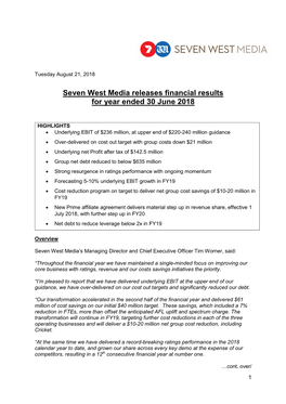 Seven West Media Releases Financial Results for Year Ended 30 June 2018