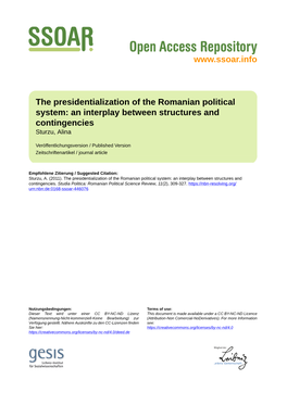 The Presidentialization of the Romanian Political System: an Interplay Between Structures and Contingencies Sturzu, Alina