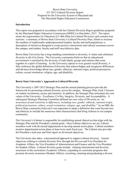 Bowie State University FY 2012 Cultural Diversity Report Prepared for the University System of Maryland and the Maryland Higher Education Commission