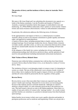1 the Practice of Dowry and the Incidence of Dowry Abuse in Australia: Men's Stories Mr Amar Singh My Name Is Mr Amar Singh An