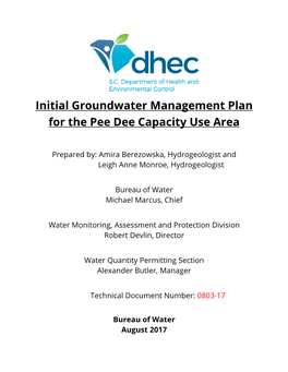 Initial Groundwater Management Plan for the Pee Dee Capacity Use Area