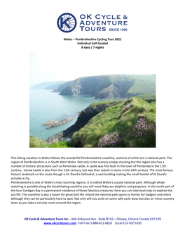 Wales – Pembrokeshire Cycling Tour 2021 Individual Self-Guided 8 Days / 7 Nights