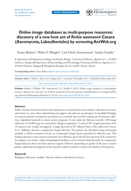 Discovery of a New Host Ant of Rickia Wasmannii Cavara (Ascomycota, Laboulbeniales) by Screening Antweb.Org