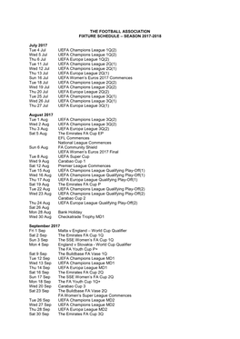 Fixture Schedule – Season 2017-2018