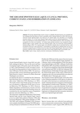 The Greater Spotted Eagle (Aquila Clanga): Previous, Current Status and Hybridisation in Lithuania