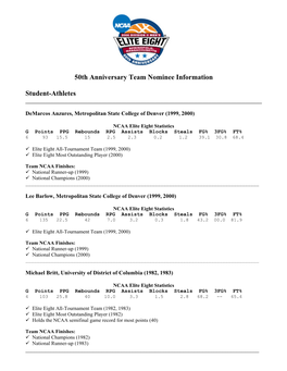 50Th Anniversary Team Nominee Information Student-Athletes