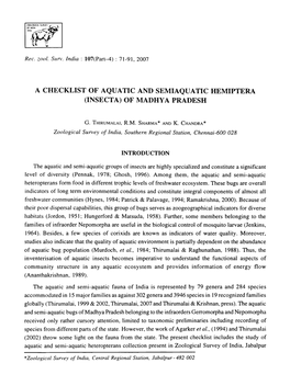 A Checklist of Aquatic and Semiaquatic Hemiptera (Insecta) of Madhya Pradesh