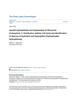 Coleoptera). II. Distribution, Habitat, Life Cycle and Identification of Species of Hydrobiini and Hydrophilini (Hydrophiudae: Hydrophilinae