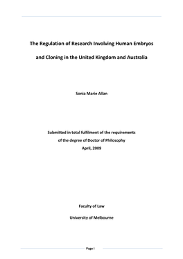 The Regulation of Research Involving Human Embryos and Cloning in The