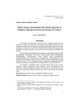 Mites (Acari) Associated with Stored Apricots in Malatya, Elazığ and İzmir Provinces of Turkey1