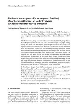 The Baetis Vernus Group (Ephemeroptera: Baetidae) of Northernmost Europe: an Evidently Diverse but Poorly Understood Group of Mayflies