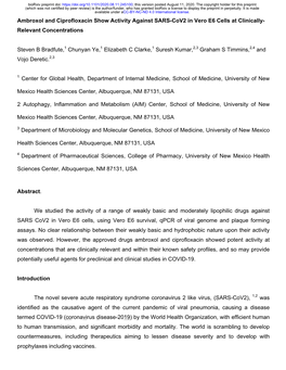 Ambroxol and Ciprofloxacin Show Activity Against SARS-Cov2 in Vero E6 Cells at Clinically- Relevant Concentrations