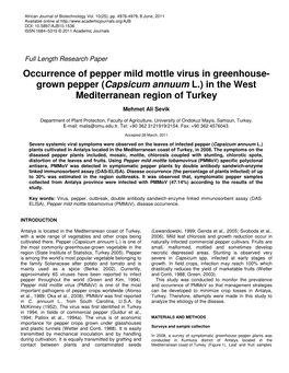 Occurrence of Pepper Mild Mottle Virus in Greenhouse- Grown Pepper (Capsicum Annuum L.) in the West Mediterranean Region of Turkey