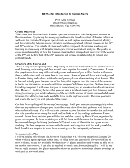 1 RUSS 382: Introduction to Russian Opera Prof. Anna Berman Anna.Berman@Mcgill.Ca Office Hours: Wed 4:00-5:00 Course Objectives