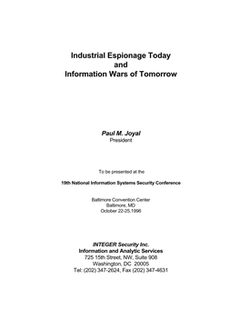 Industrial Espionage Today and Information Wars of Tomorrow