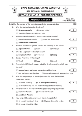 Baps Swaminarayan Sanstha Bal Satsang Examinations Satsangsatsang Viharvihar -- 23 : Practicepractice Paperpaper - -5 5