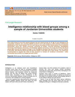 Intelligence Relationship with Blood Groups Among a Sample of Jordanian Universities Students