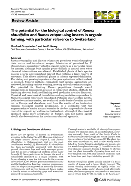 Review Article the Potential for the Biological Control of Rumex Obtusifolius and Rumex Crispus Using Insects in Organic Farming