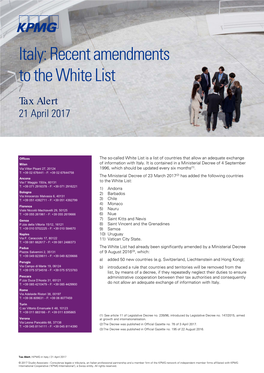 Italy: Recent Amendments to the White List