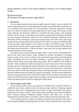 Energy Outlook to 2035 in Asia and Its Pathways Towards a Low Carbon Energy System Ryoichi Komiyama the Institute of Energy Econ