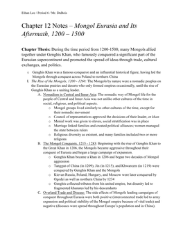 Chapter 12 Notes – Mongol Eurasia and Its Aftermath, 1200 – 1500