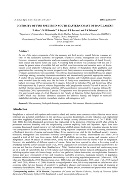 Diversity of Fish Species in South-Eastern Coast of Bangladesh