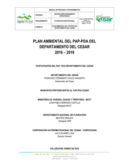 Plan Ambiental Del Pap-Pda Del Departamento Del Cesar 2016 – 2019
