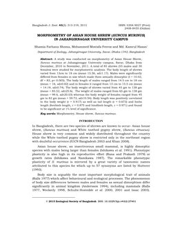 Morphometry of Asian House Shrew (Suncus Murinus) in Jahangirnagar University Campus