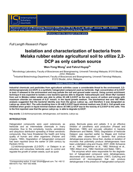 Isolation and Characterization of Bacteria from Melaka Rubber Estate Agricultural Soil to Utilize 2,2- DCP As Only Carbon Source