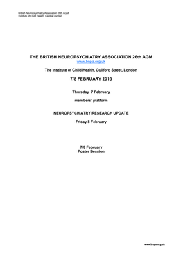 THE BRITISH NEUROPSYCHIATRY ASSOCIATION 26Th AGM 7/8 FEBRUARY 2013