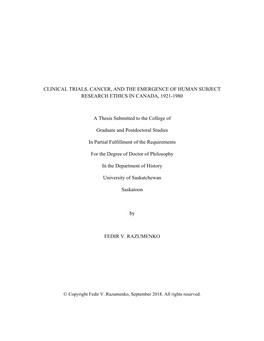 Clinical Trials, Cancer, and the Emergence of Human Subject Research Ethics in Canada, 1921-1980